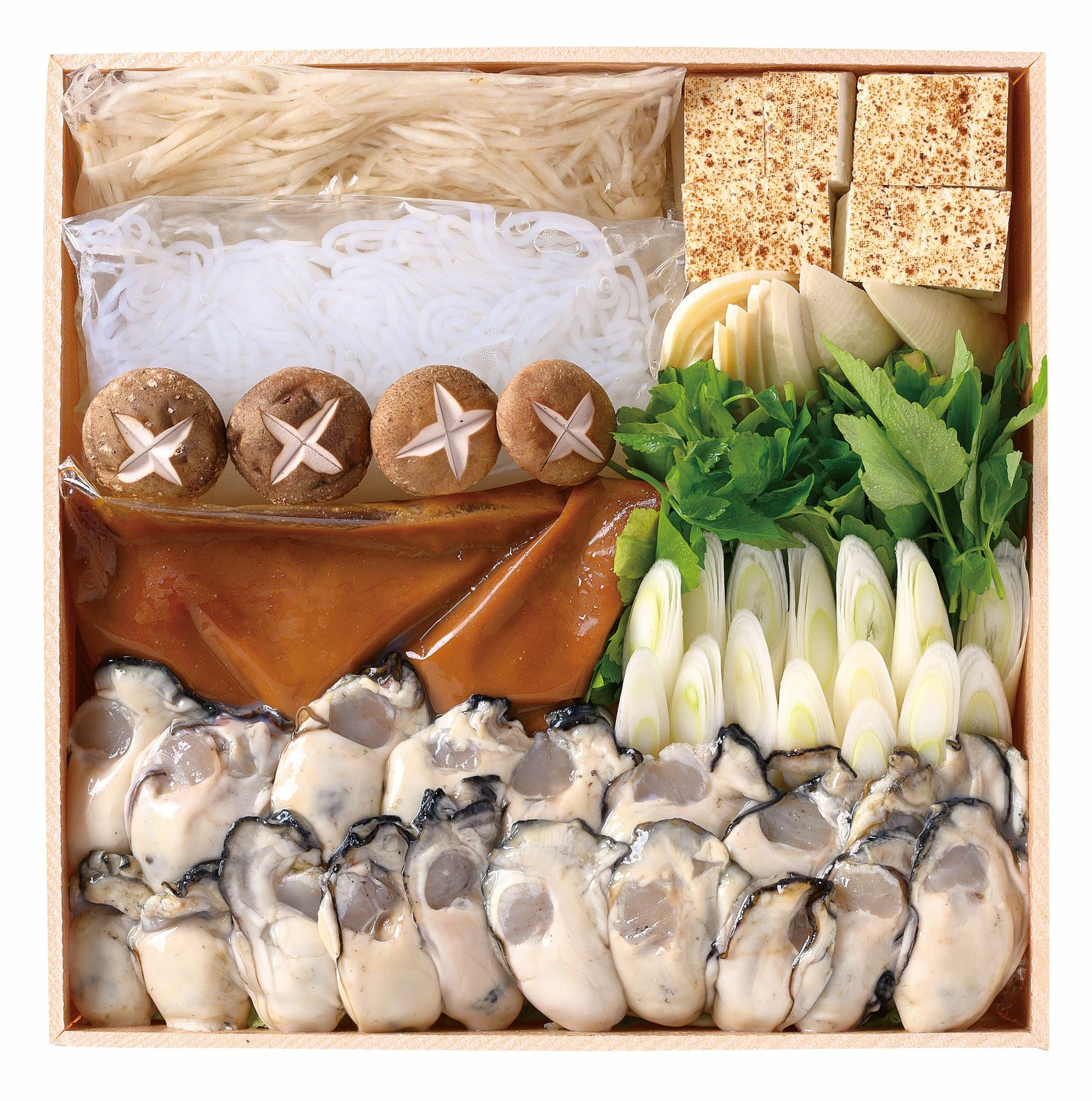 牡蠣、野菜、土手味噌出汁がセットなので鍋一つで簡単にお店の味を堪能できます